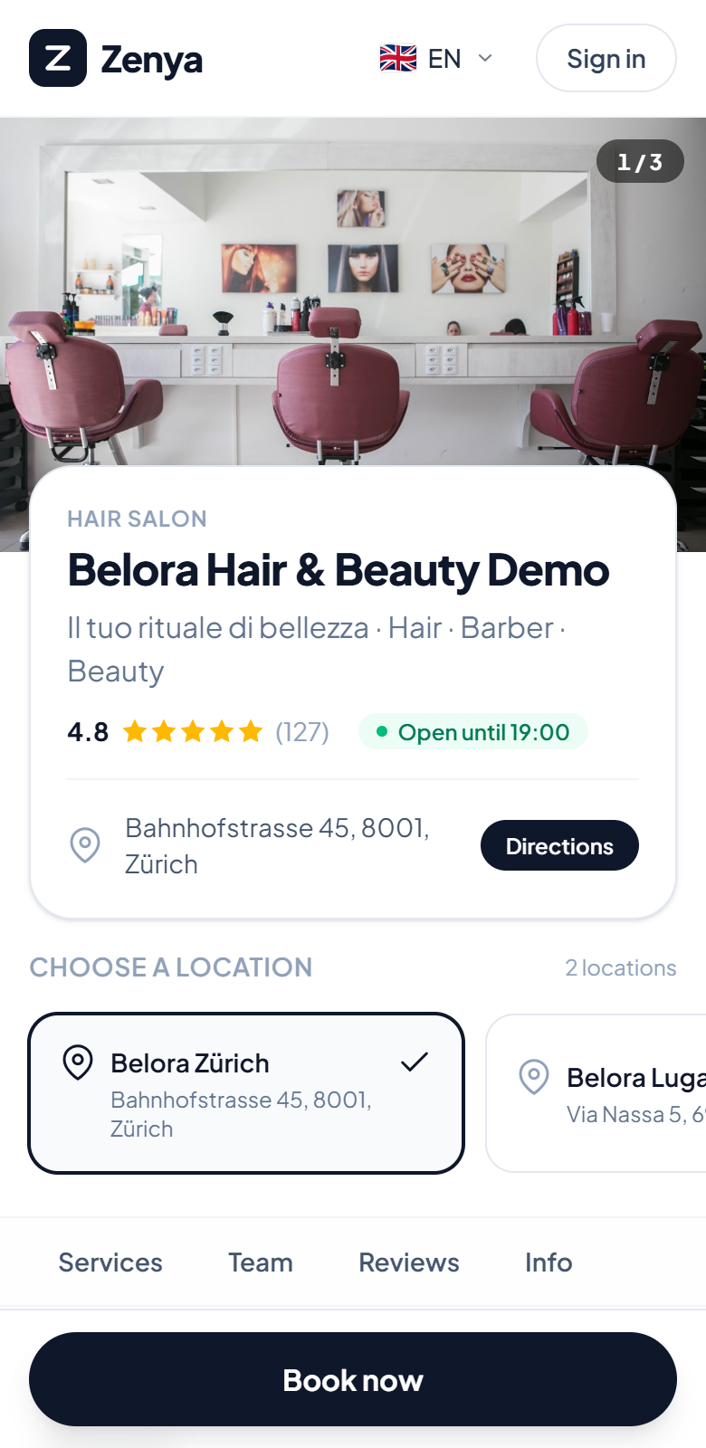 Your salon's page — installable as an app